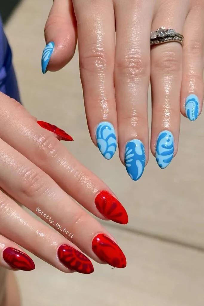 Red and blue nails with abstract art
