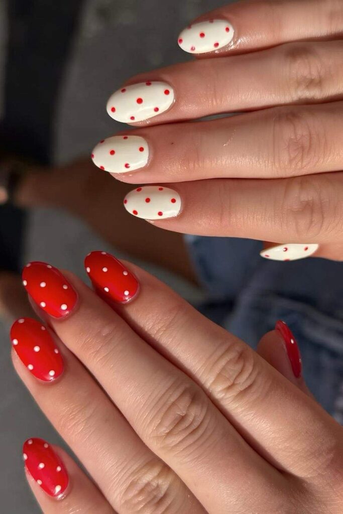 Red and white polka dot nails