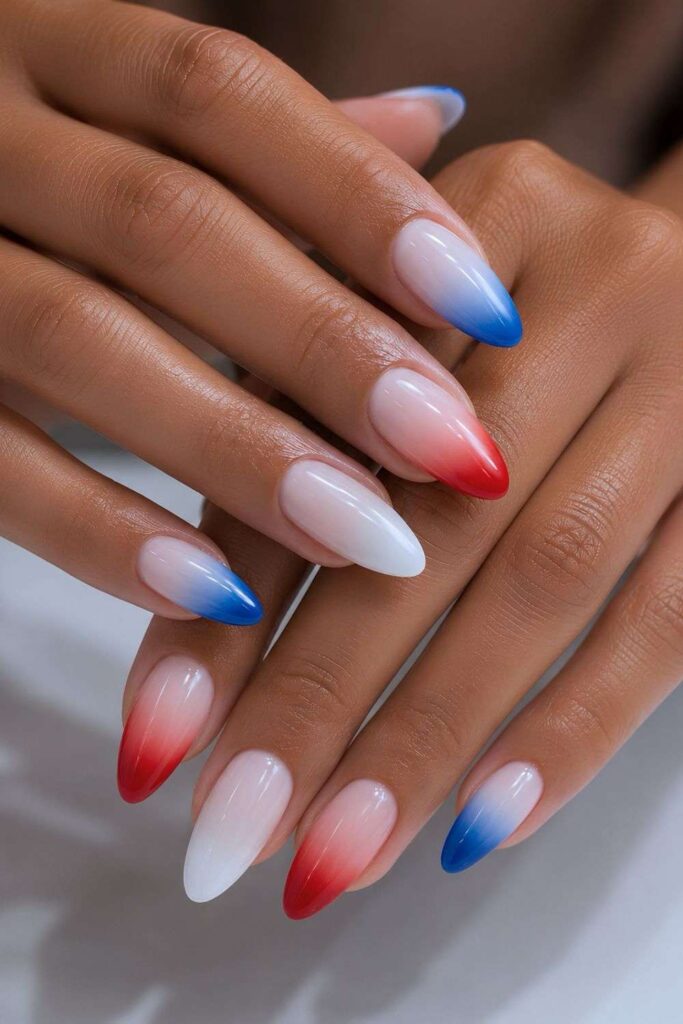 Red, blue and white ombre nails