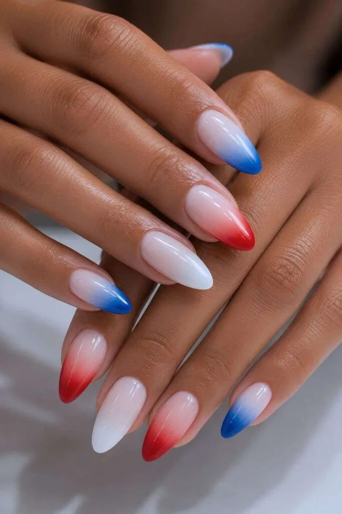 Red, blue and white ombre nails