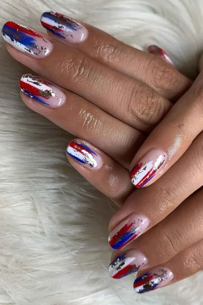 Red, white and blue nails with gold foil