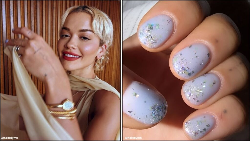 A collage of Rita Ora's pastel glitter nails