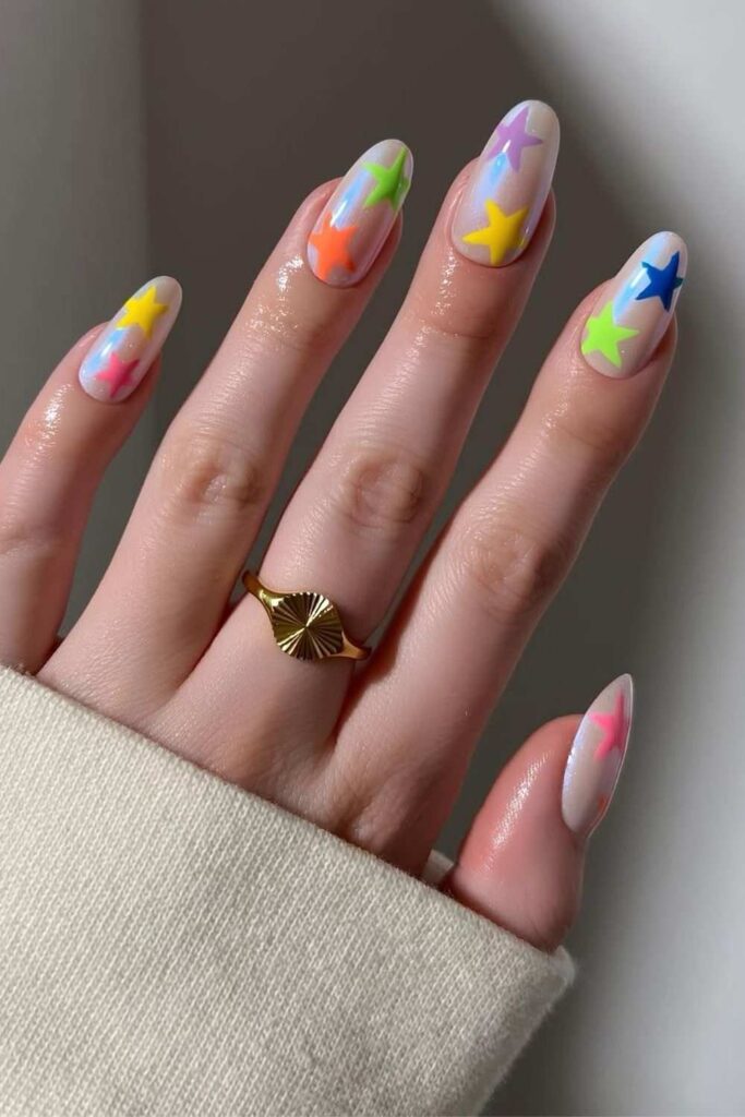 Shimmery nails with colorful stars