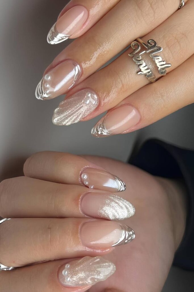 Silver chrome nails with shimmery details