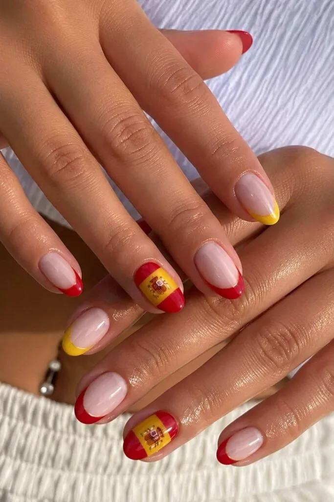 Spain World Cup French tips with red and yellow team colors