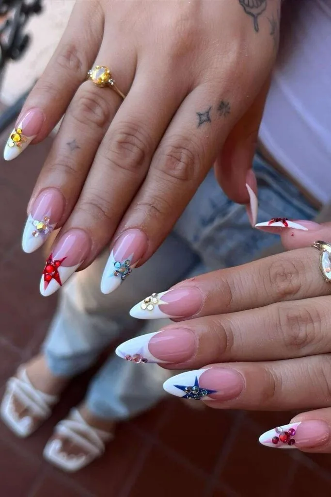 White French mani with studded stars