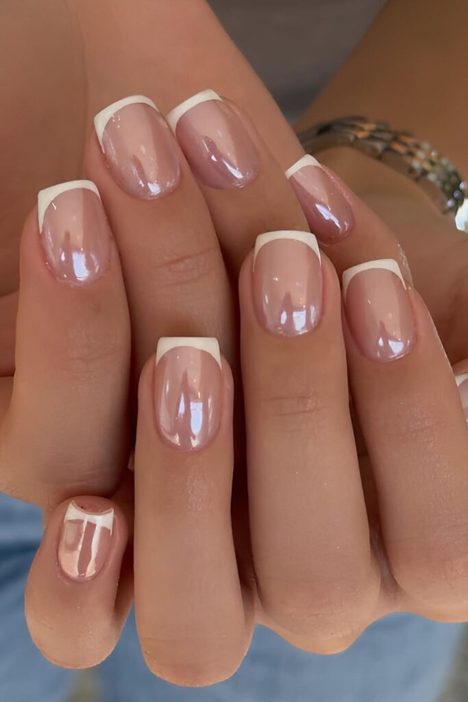 White French nails with chrome finish