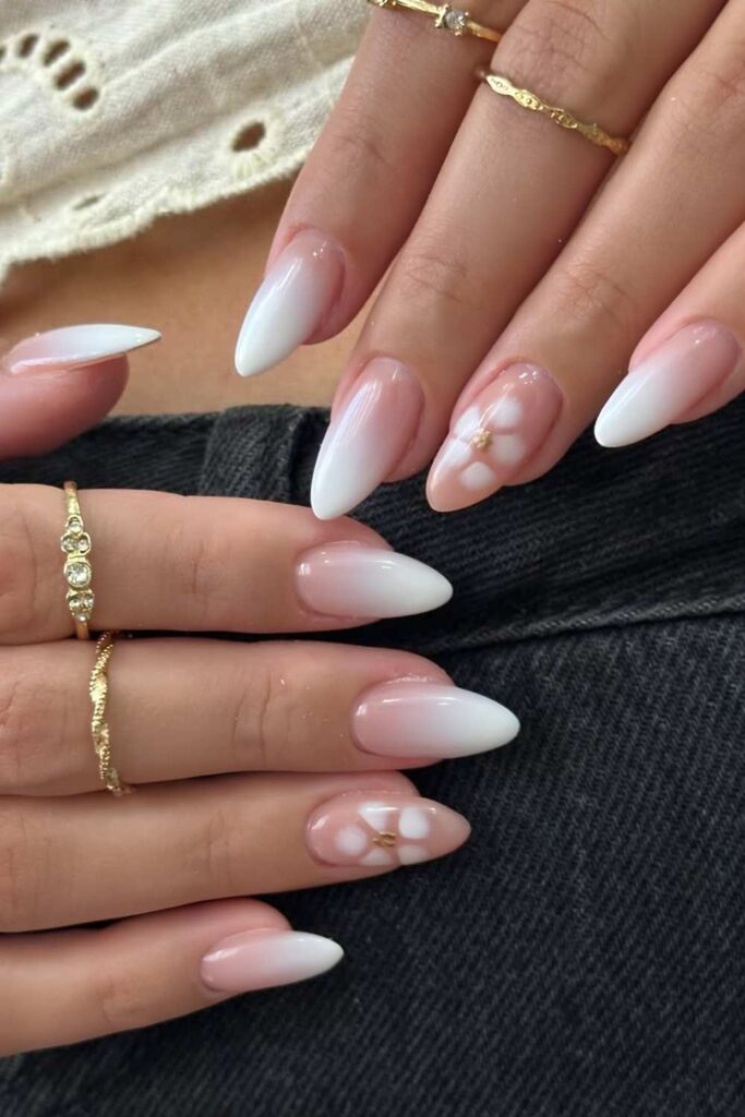White ombre nails with blooming gel floral