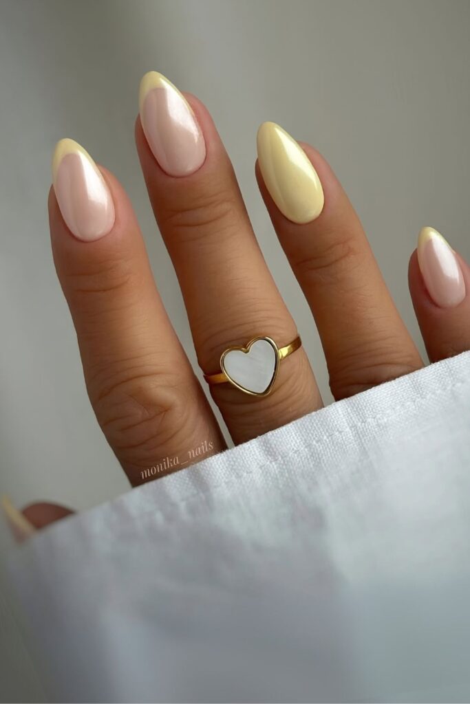 Yellow chrome French nails with solid accent