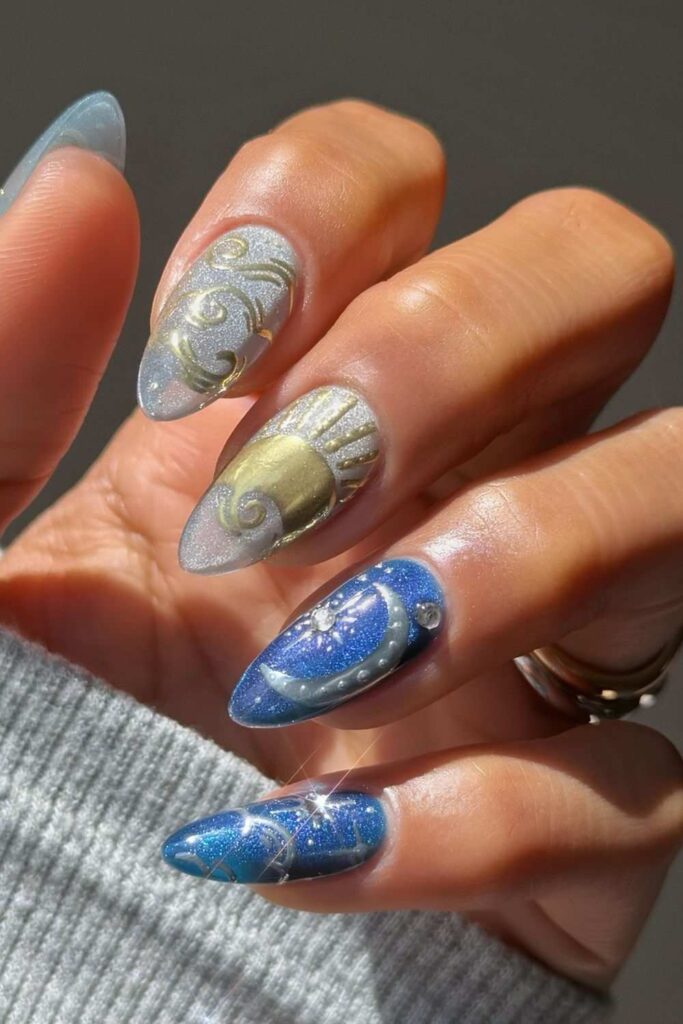 Blue velvet nails with mismatched design