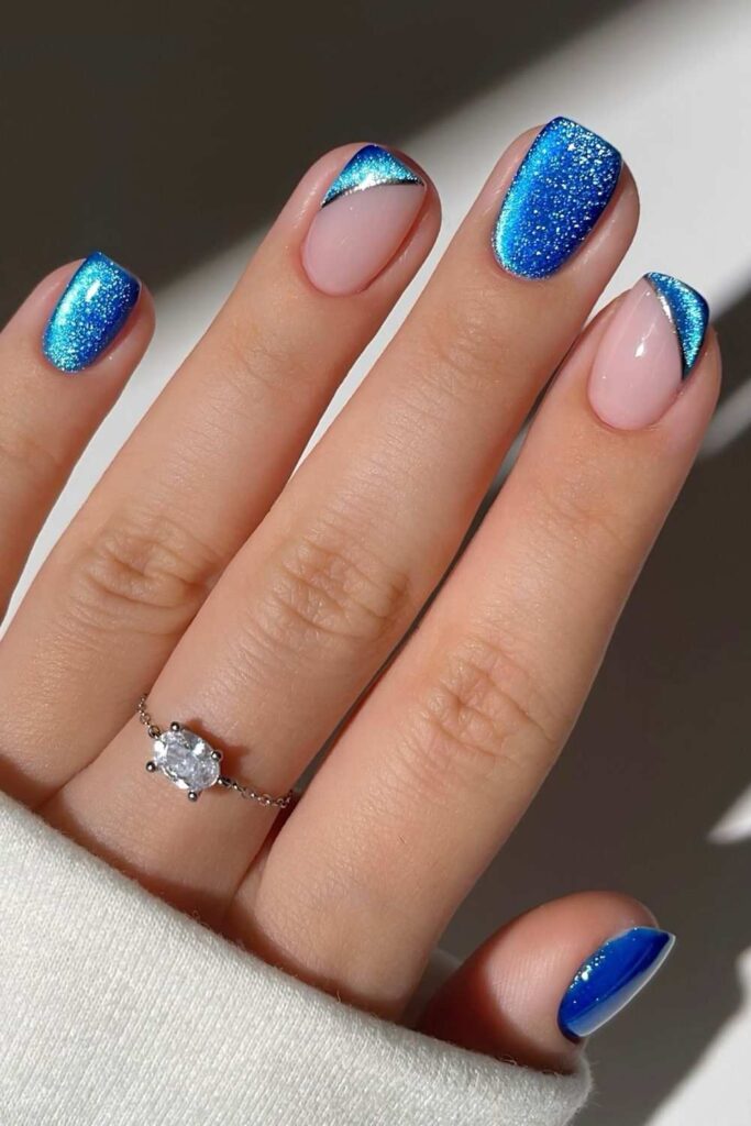 Cobalt blue velvet nails with side French tip accents