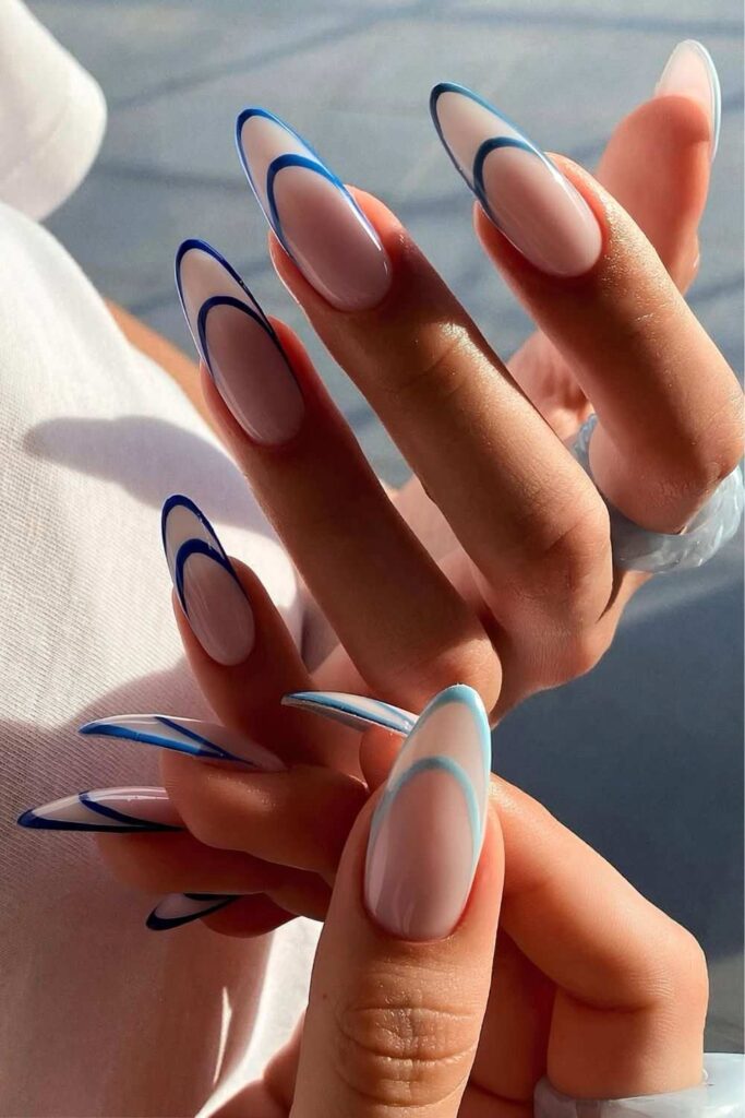 Double French tip nails in blue shades