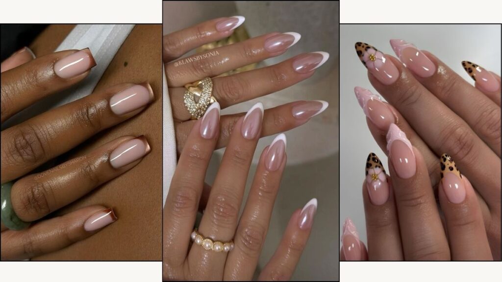 A collage of French tip nail designs