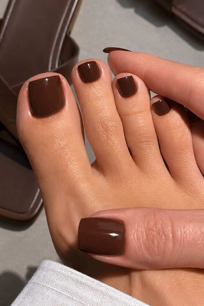 Glossy chocolate brown pedicure