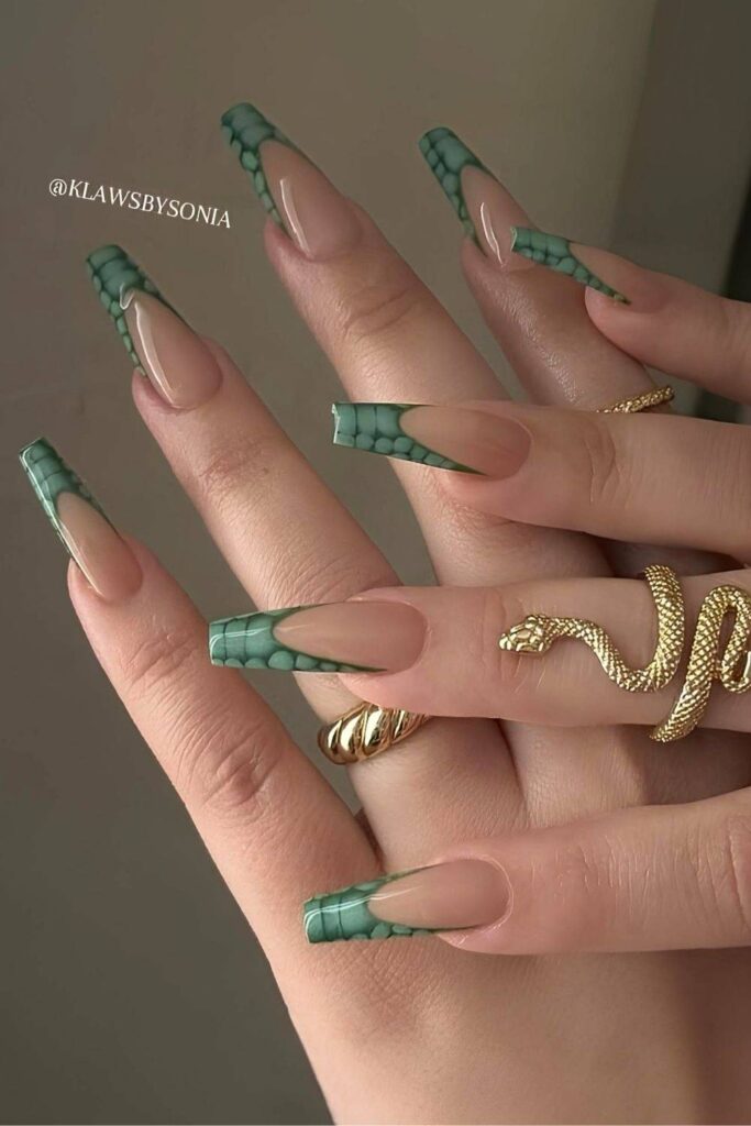 Green croc print French nails