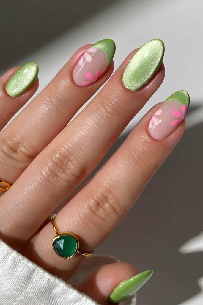 Green velvet nails with pink flowers