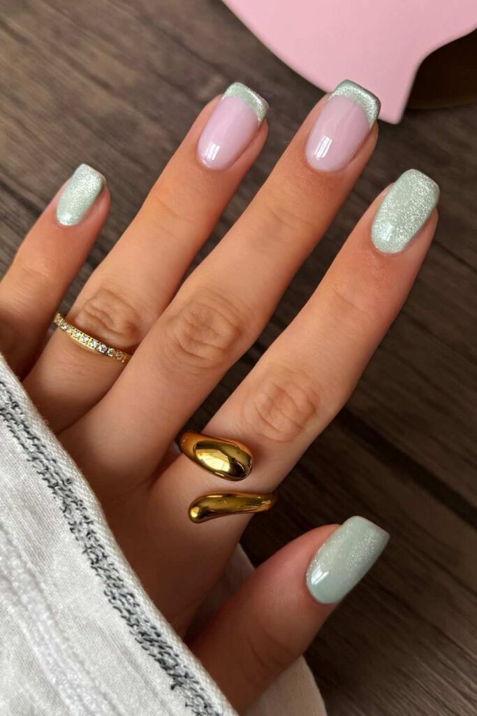 Light green velvet French and solid mix nails