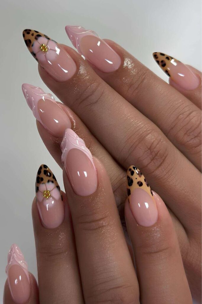 Light pink and leopard print mismatched nails