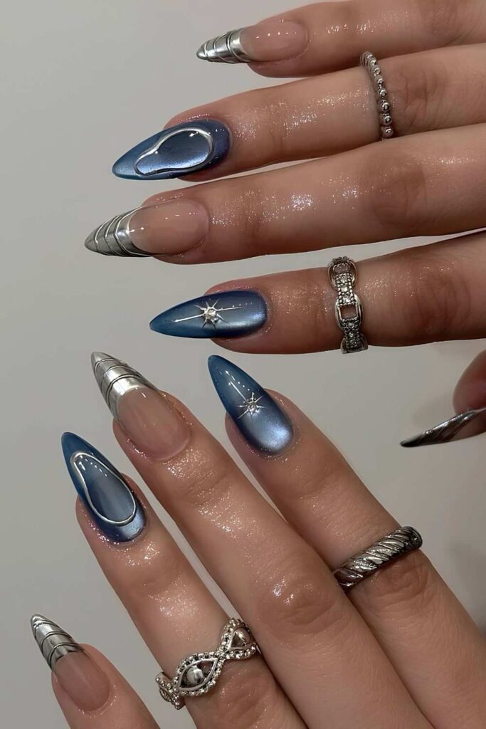 Navy blue velvet and silver chrome nails
