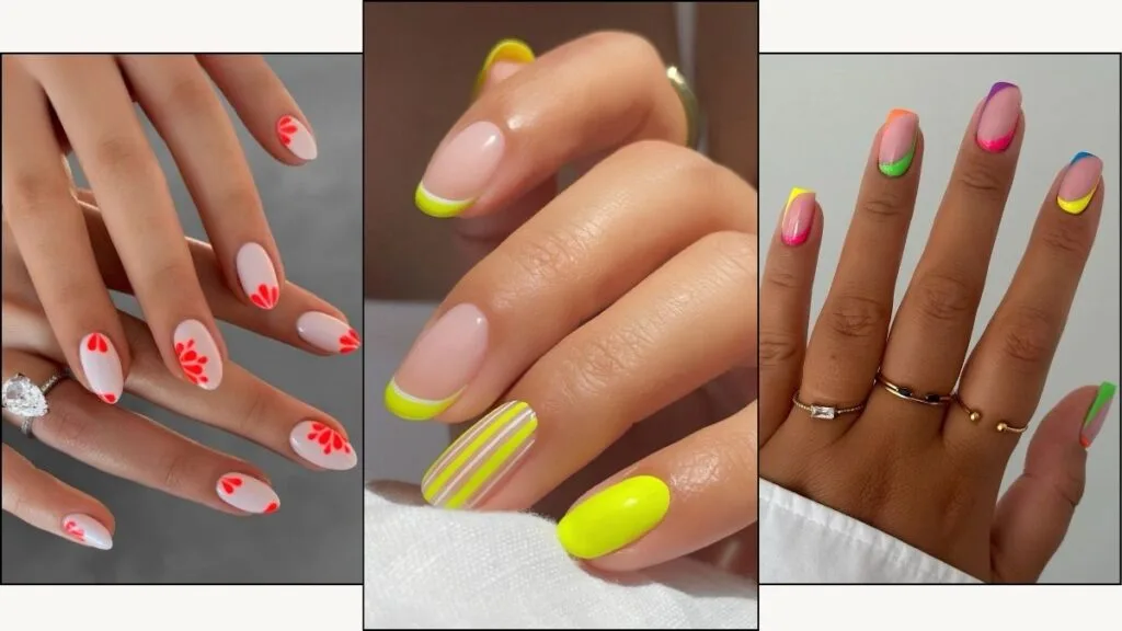 A collage of neon nail designs