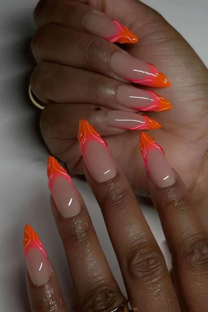 Neon orange and pink structured French nails