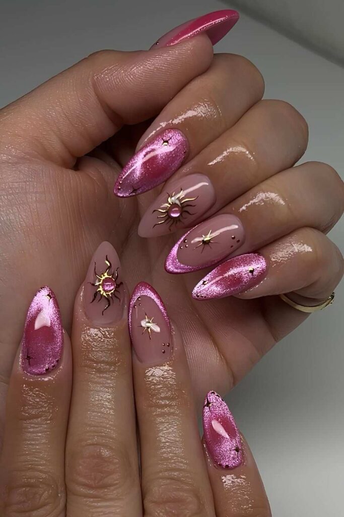 Pink celestial nails with velvet effect
