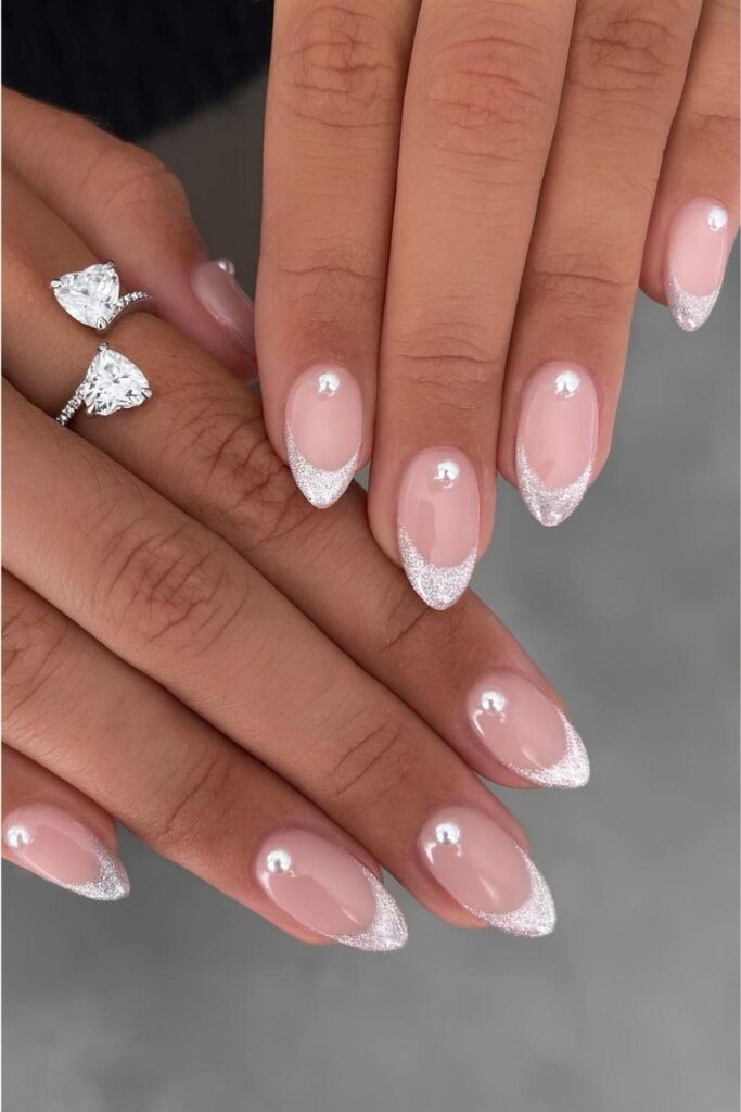 Silver glitter French nails with pearls