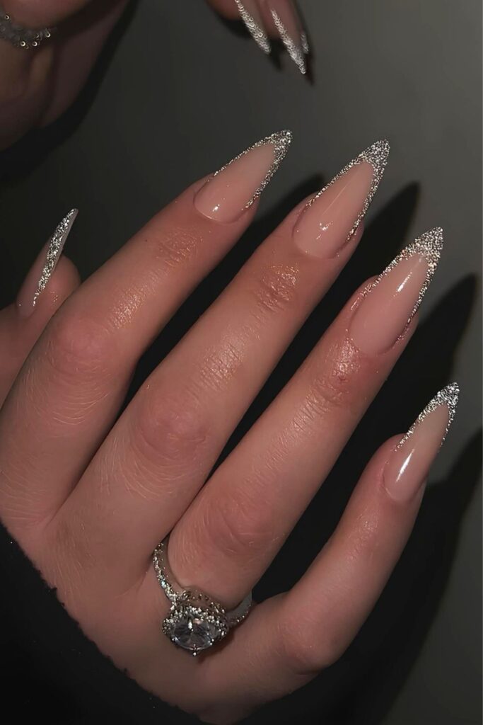 Silver glitter French tip nails