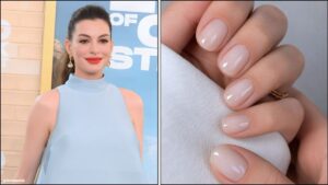 A collage of Anne Hathaway's coconut water nails