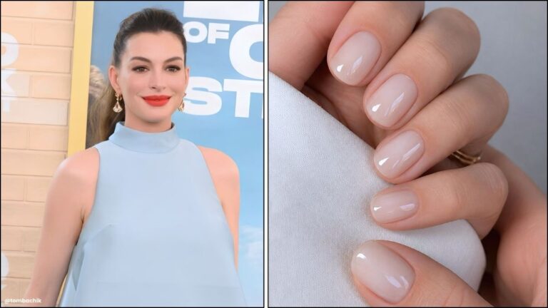 A collage of Anne Hathaway's coconut water nails