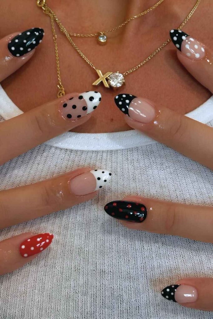 Black, white and red polka dot French nails