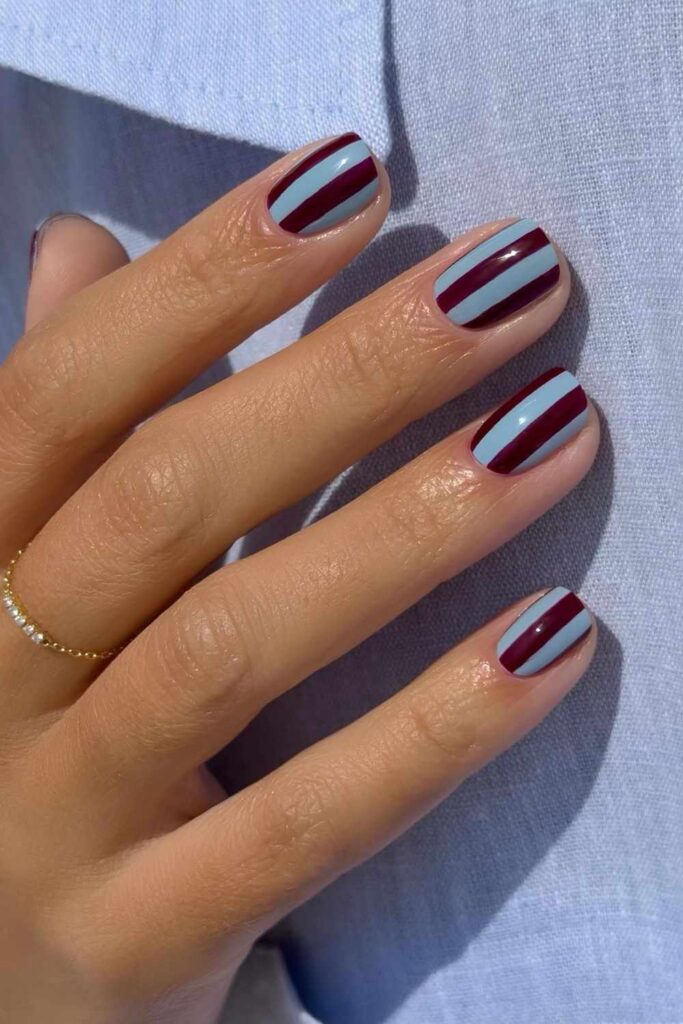 Blue and brown stripe nails