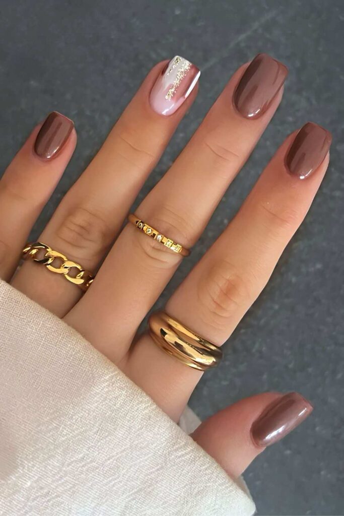 Brown nails with silver foil accent