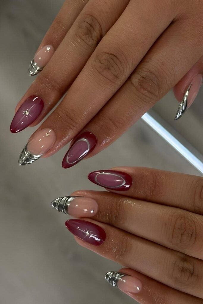 Burgundy and metallic silver mismatched nails