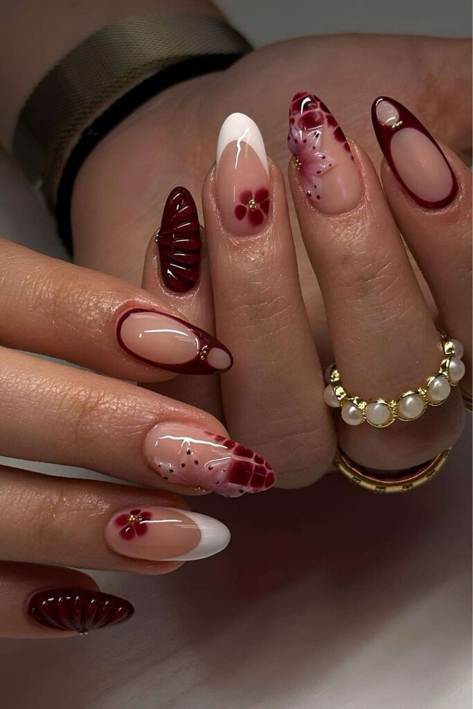 Burgundy and white mismatched mani
