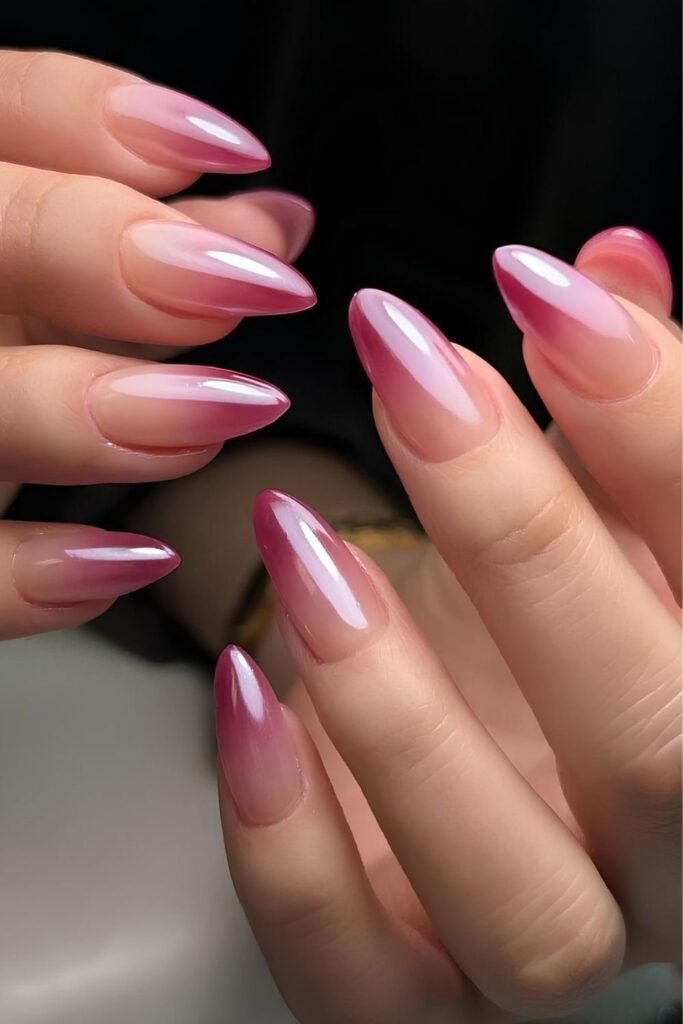 Burgundy ombre almond nails