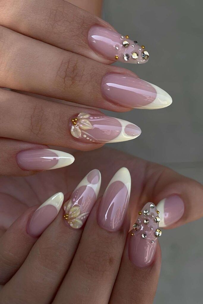 Butter yellow French nails with crystals and 3d effect