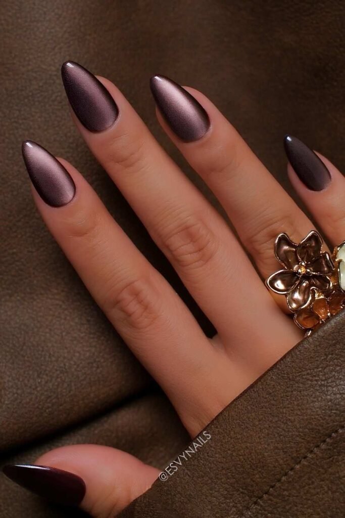 Cat-eye dark brown nails