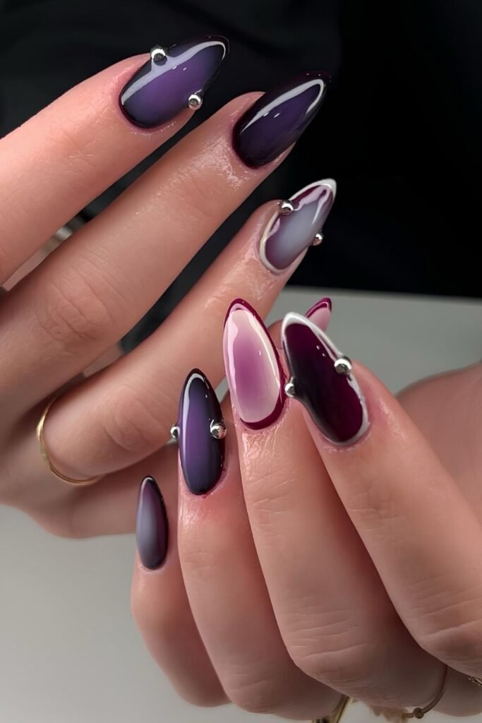 Dark purple aura nails with silver 3d dots
