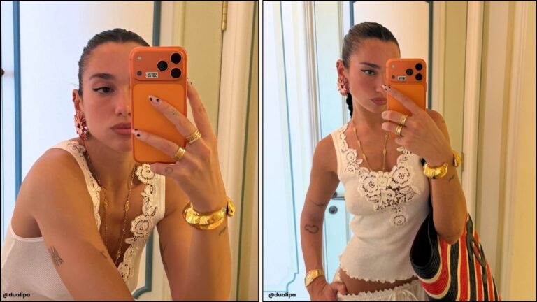 A collage of Dua Lipa's xl polka dot manicure