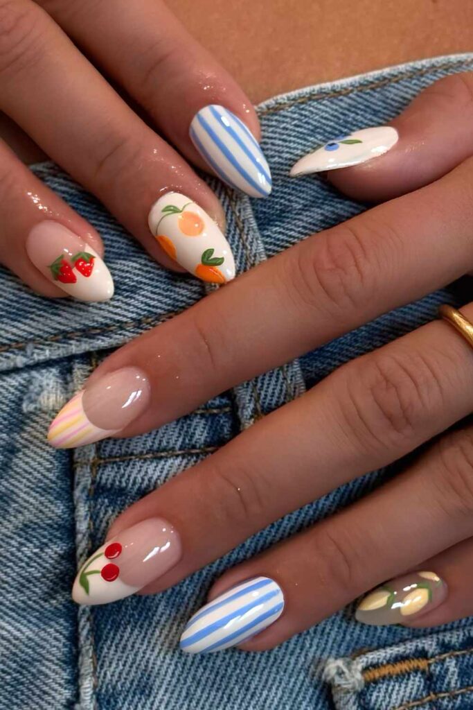 Fruity nails with stripes