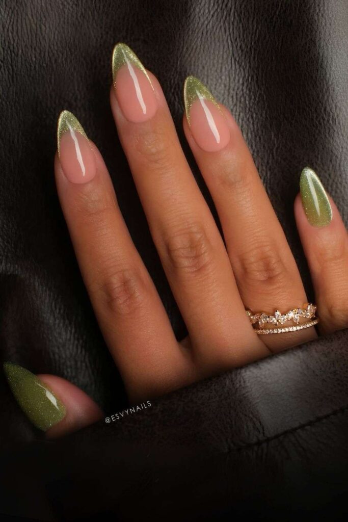 Green cat-eye French nails