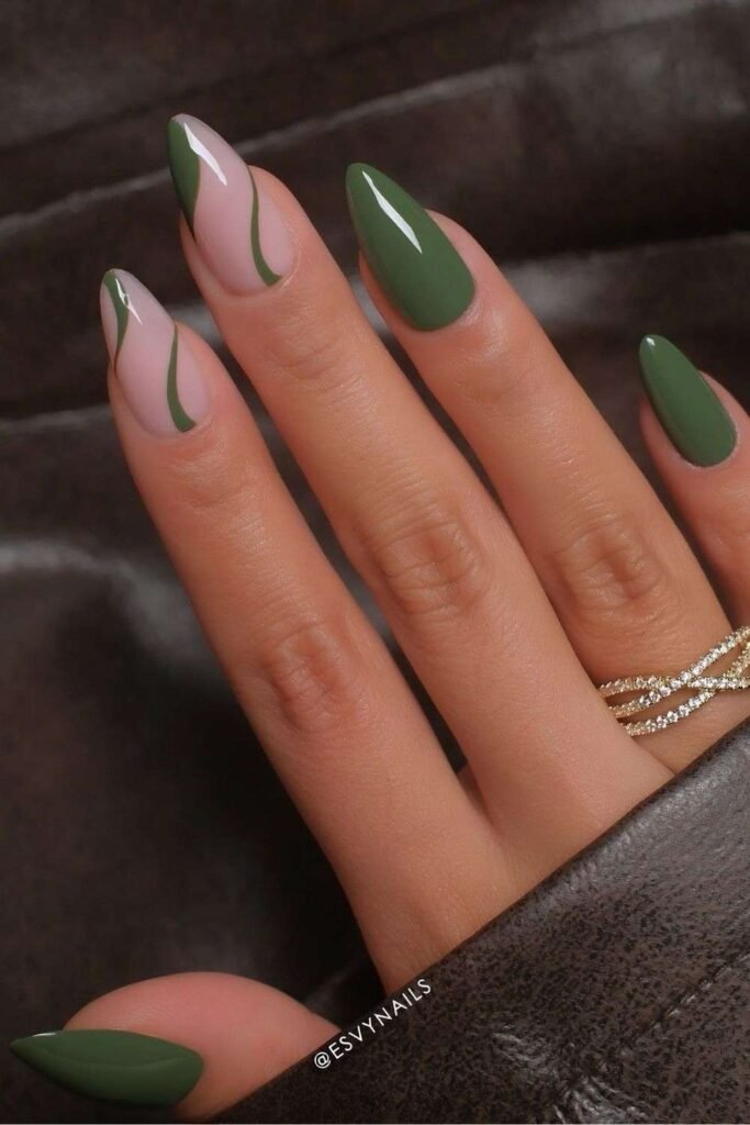 Green nails with swirls