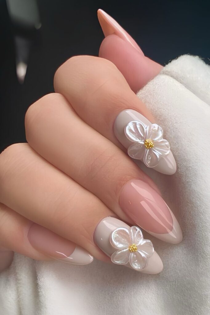 Greige French and solid mix nails with 3d flowers