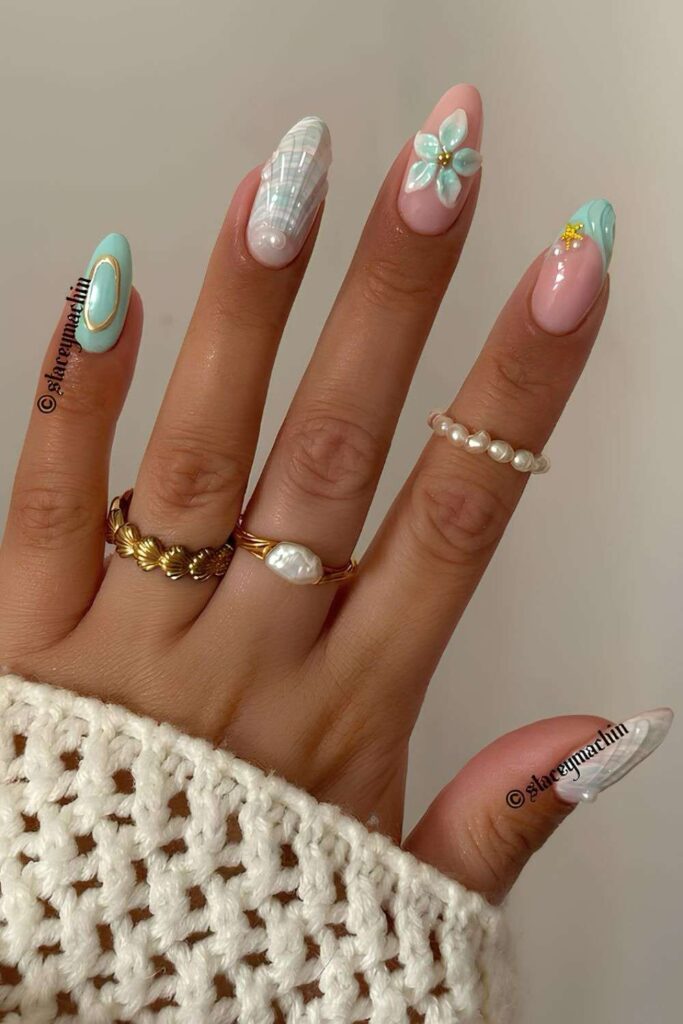 Light blue beach-themed nails