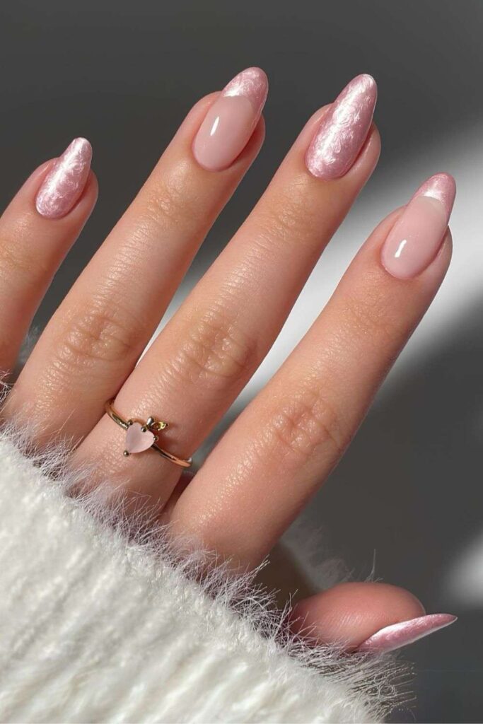 Light pink French and solid nails with marble effect
