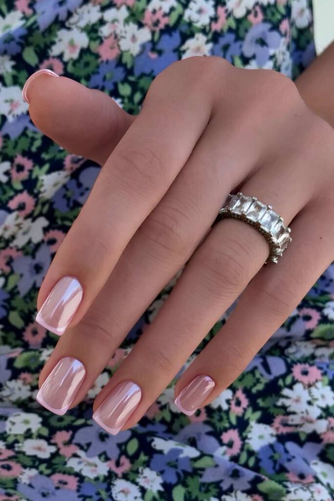 Light pink micro French nails with chrome finish