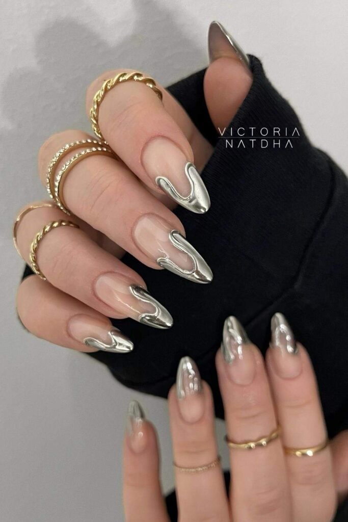 Metallic silver abstract French nails
