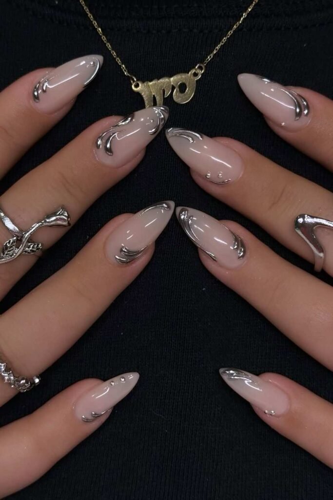 Metallic silver abstract nails