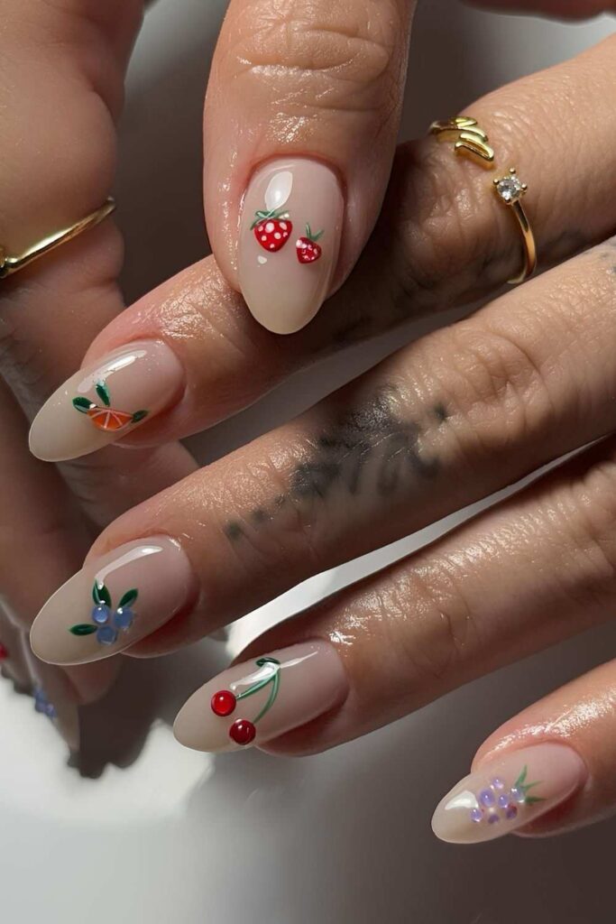 Milky white nails with 3d fruity accents
